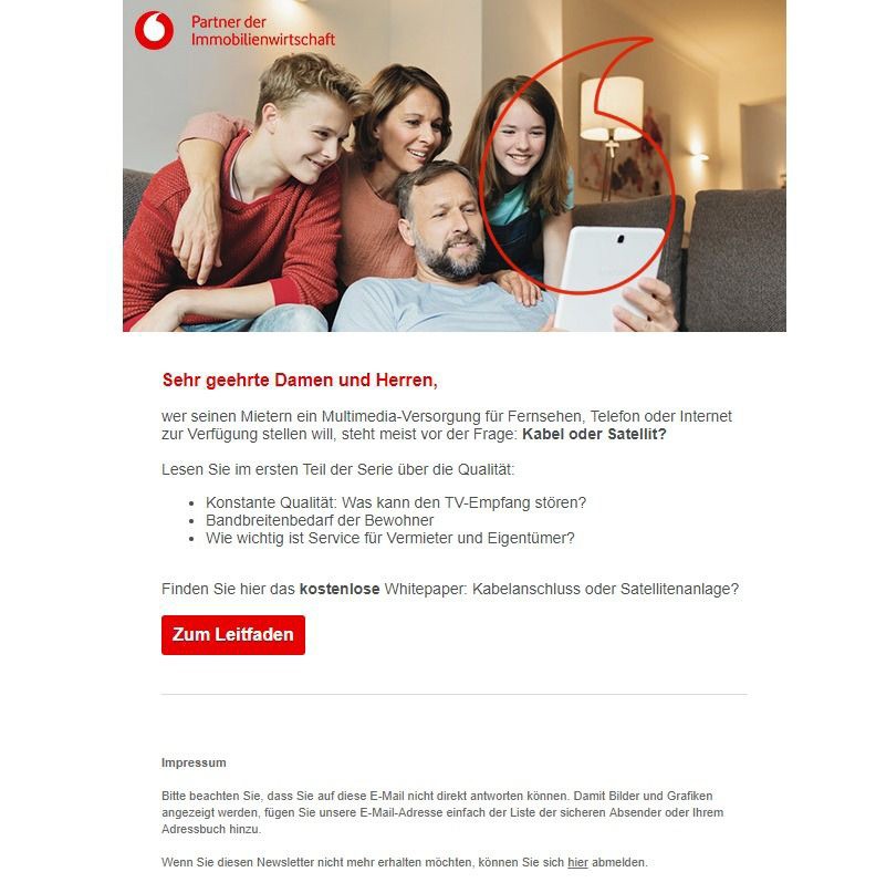 Beispiel Newsletter: Mit Evalanche kontaktiert Vodafone Interessenten rechtskonform. Quelle: Vodafone.