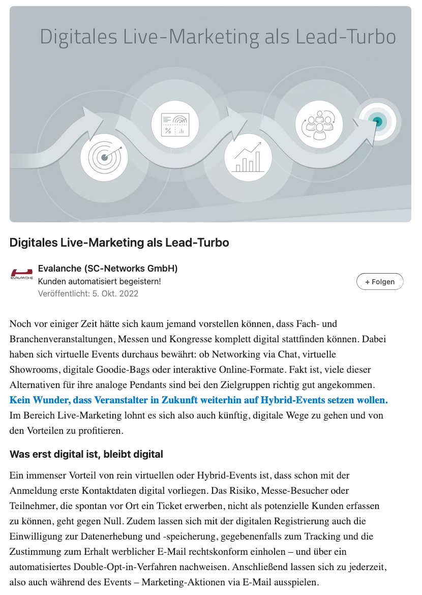 Screenshot des Evalanche-LinkedIn-Posts zu Digitales Live-Marketing